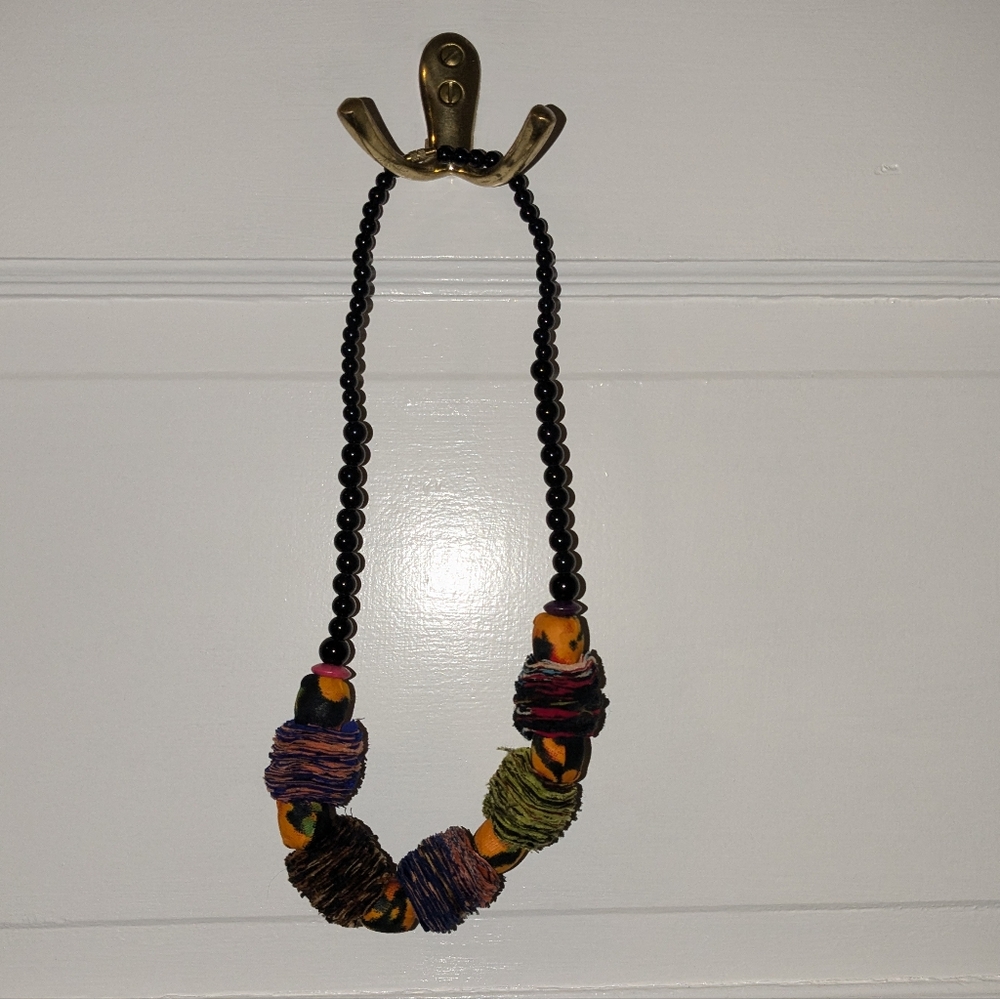 Multicolored fabric and bead necklace